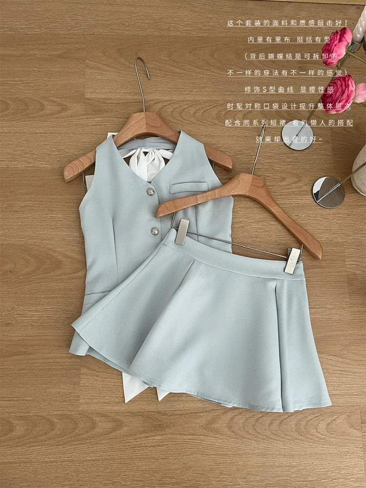 Summer Women Old Money Design Vintage Rave Vacation Outfits 2 Piece Set Backless Bow Vest + A-line Mini Pleated Skirts Elegant