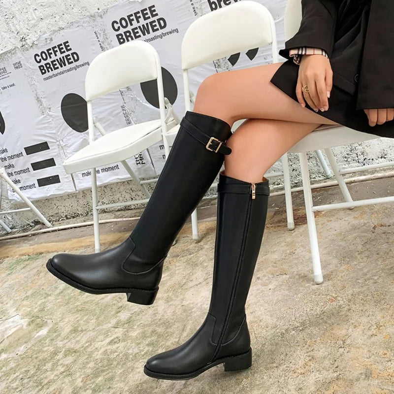 Vintage Women Slim Knee-High Boots Fashion Belt Buckle Shoes Autumn Winter Low Heel Ladies Modern Long Booties