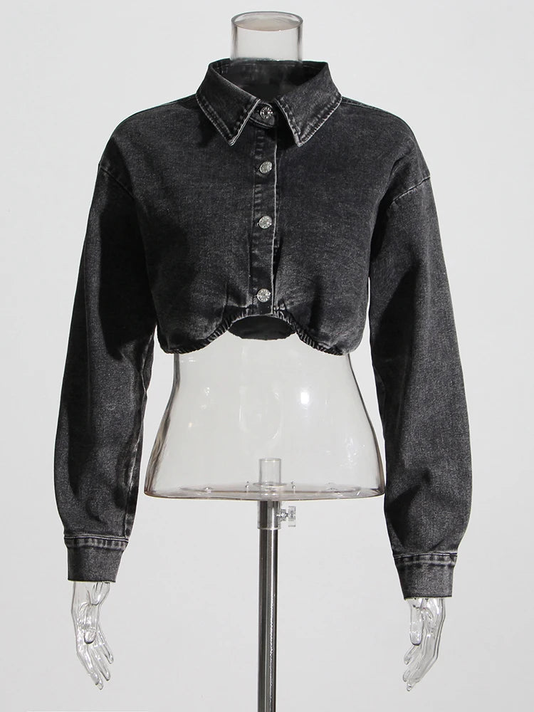 TWOTWINSTYLE Black Two Piece Sets For Women Lapel Long Sleeve Short Top High Waist Patchwork Pocket Mini Skirt Denim Set Female