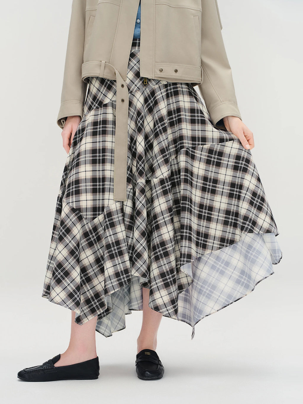 DUSHU Plus Size Women's [South France Story] Irregular Deconstructed Checkered Retro French Long A-Line Skirt