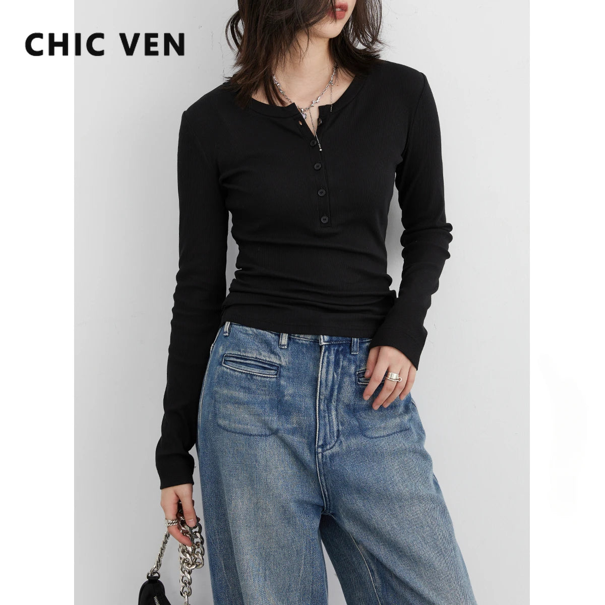 CHIC VEN Women T Shirt Solid New Half Open Neck Button Long Sleeved Slim Shirts Korean Tops Female Clothing Spring Autumn 2023