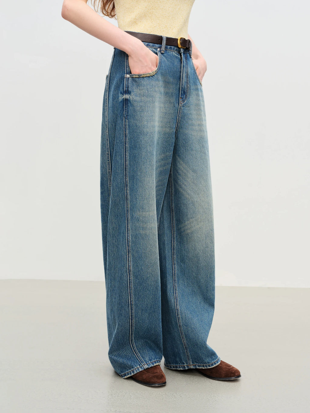 FSLE【Premium Series】New Women Retro Loose Flare Jeans High Waist Vintage Denim Pants Autumn Wide Leg Y2K Streetwear With Belt