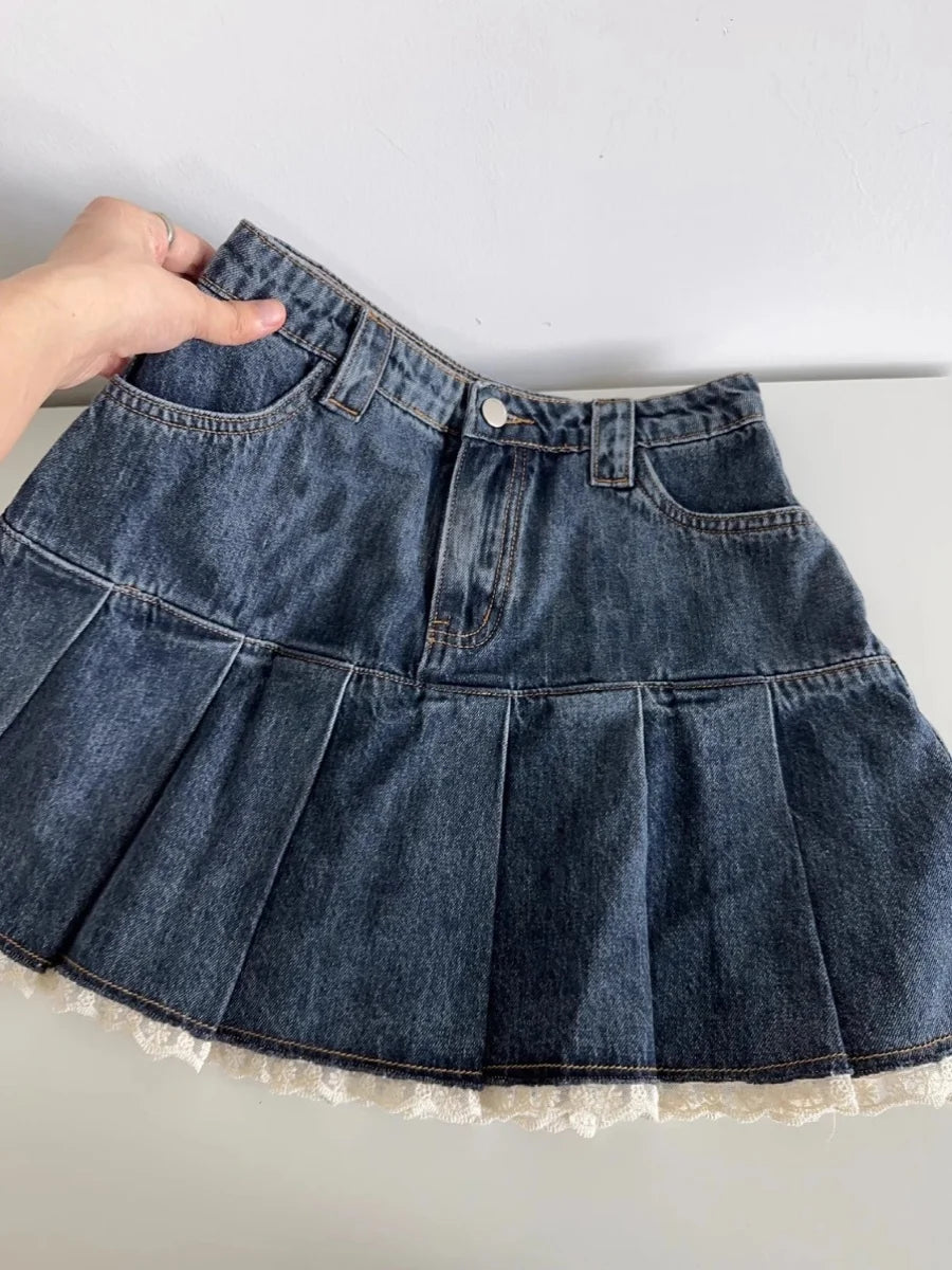 Women Blue A-line Denim Skirt Vintage Aesthetic Y2k Patchwork Lace Jean Skirt Harajuku Korean Cowboy Skirts 2000s Clothes Summer