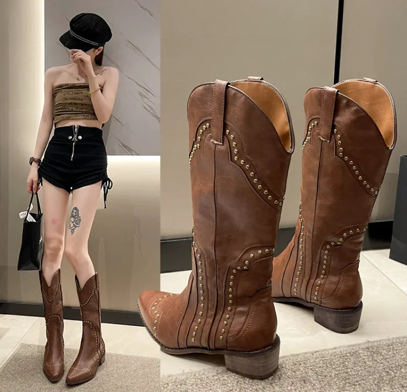 Studded Boots Women 2024 Low Heel Cowboy Chelsea Western Short Leather Knee High Luxury Designer Gothic New Rock Shoes Vintage