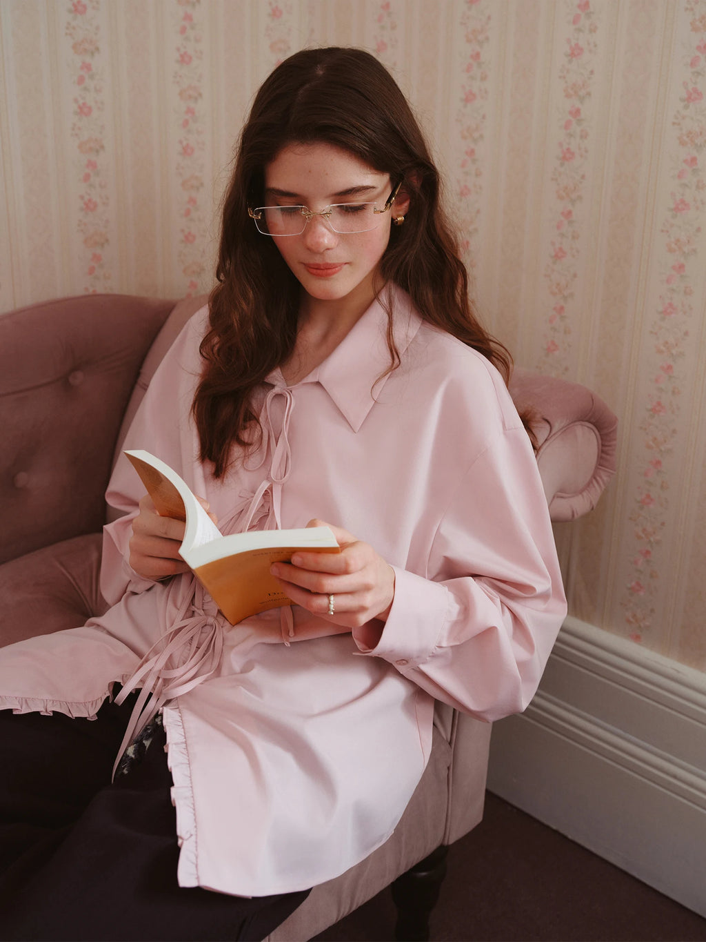 FSLE Autumn 2025 Women's French Inspired Blouse - Ruffle Trim Tie Front Loose Fit Shirt Collar Top Soft Blend Daily Wear