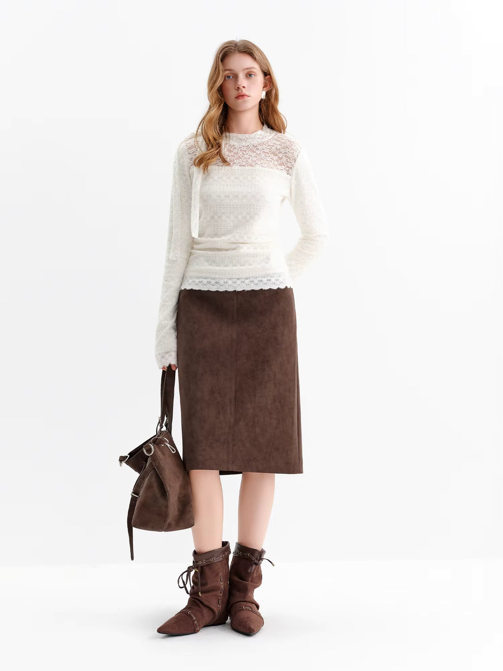 Autumn Women's White Lace Crochet Knit Top Blouse Elegant Tied Front Y2K Retro Soft Pullover Sweet Off-Shoulder Shirt