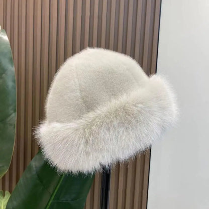 2024 New Women Fluffy Faux Fur Bucket Hat Winter Warm Ear Protection Cap Windproof Panama Caps Fashion White Plush Bucket Hat