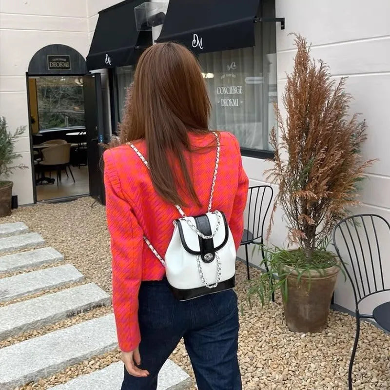 Women Korea Spring Mini Chains Backpack Female Ins Student Oil Wax Leather Shoulder Bag Travel Bagpack Black Rucksack Sac
