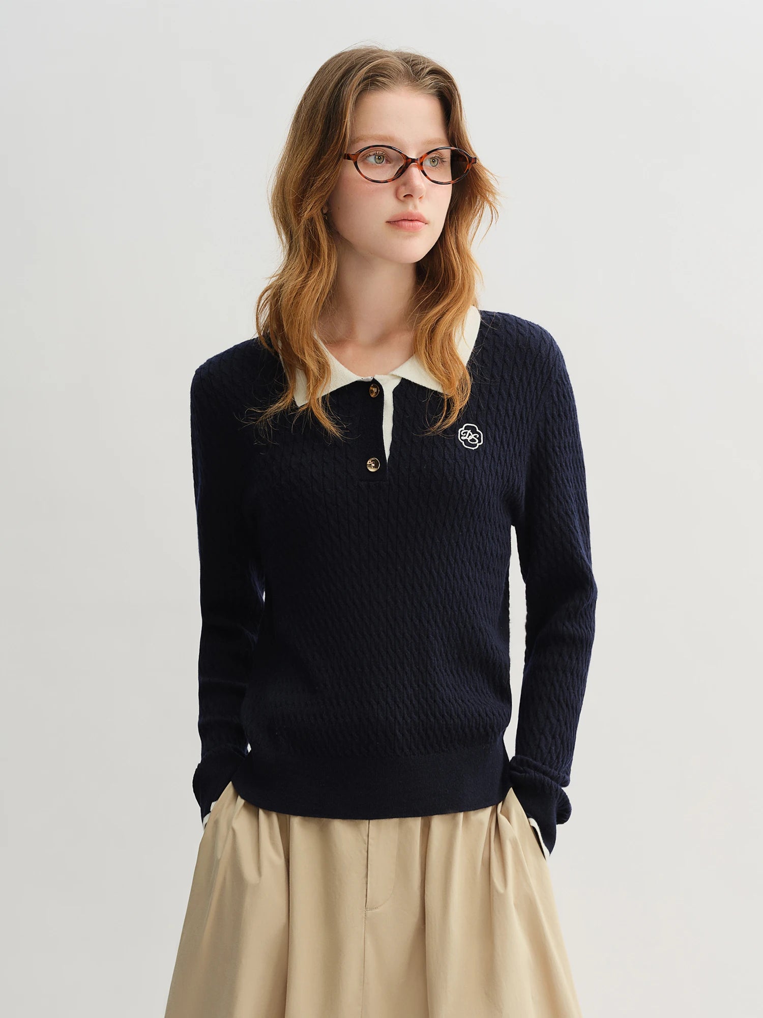DUSHU 2025 Women's Knit Rib Collar Top - Relaxed Fit Polo Style Versatile Pullover Autumn Casual Blouse Textured Fabric