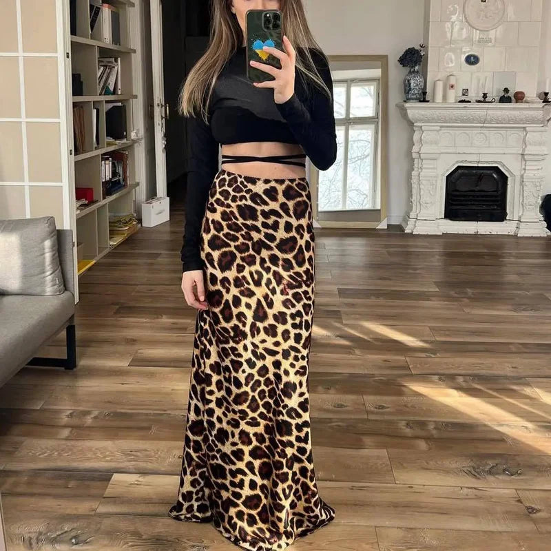 TRAF Leopard Print Women's Midi Skirt High Waist Stylish Long Skirts For Women Fall Vintage Satin Skirt Woman Elegant Skirts