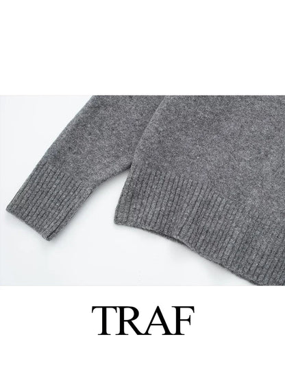 TRAF 2023 Autumn Winter Women Gray Pullover Sweaters Female Long Sleeve Loose Knit Jumper O-Neck Knitted Oversized Outerwear