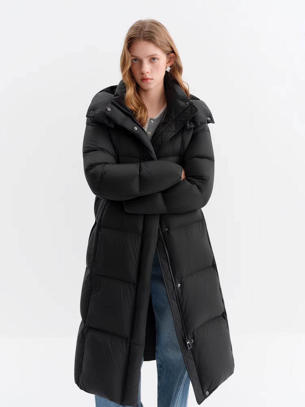 Puff Hooded Color Matching Knee-length Down Jacket Women's Winter 2025 New Cold-proof Warm Coats Simple Leisure