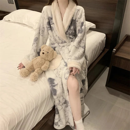 Women's Pajamas Cute Pijama Winter Sleepwear Warm Robe Sets Long Home Wear Bathrobe Plus Velvet Warmth Coral Fleece Nightgown