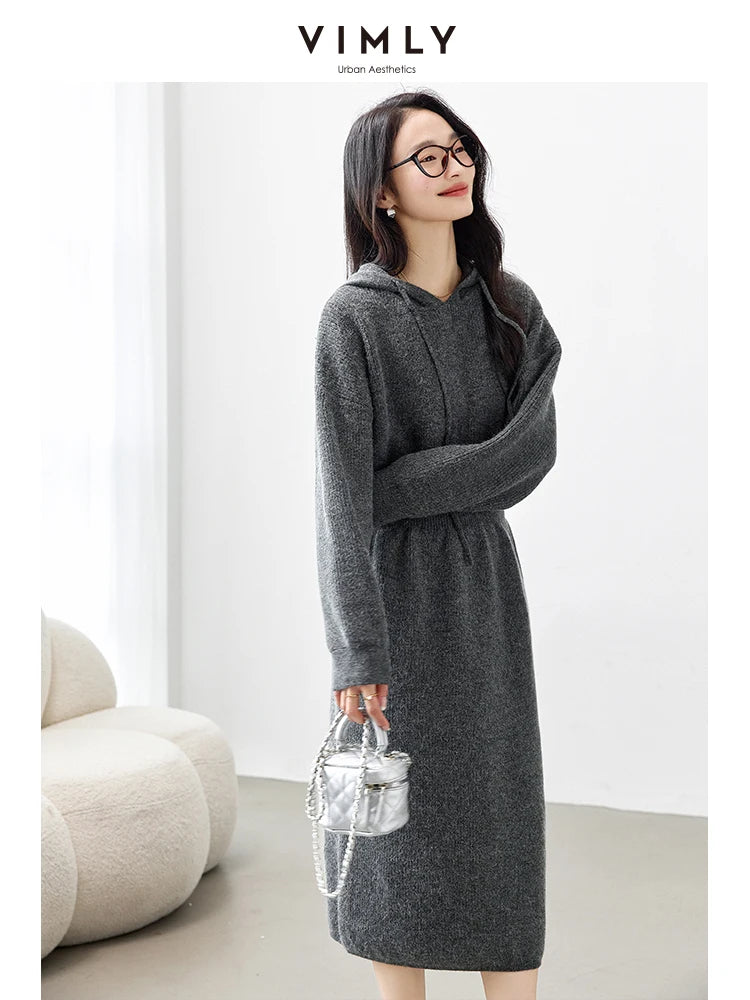 VIMLY Women's Office Lady Dresses Autumn Winter Hooded knit Sweaters Dress Long Sleeved Casual Loose Elegant Casual Vestidos