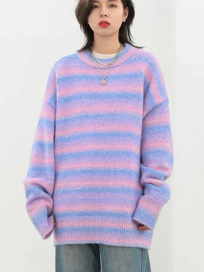 CHIC VEN Fashion Women Sweater Casual Loose Gradient Stripe Pullover Knitwears Female Jumpers Woman Tops Autumn Winter 2023