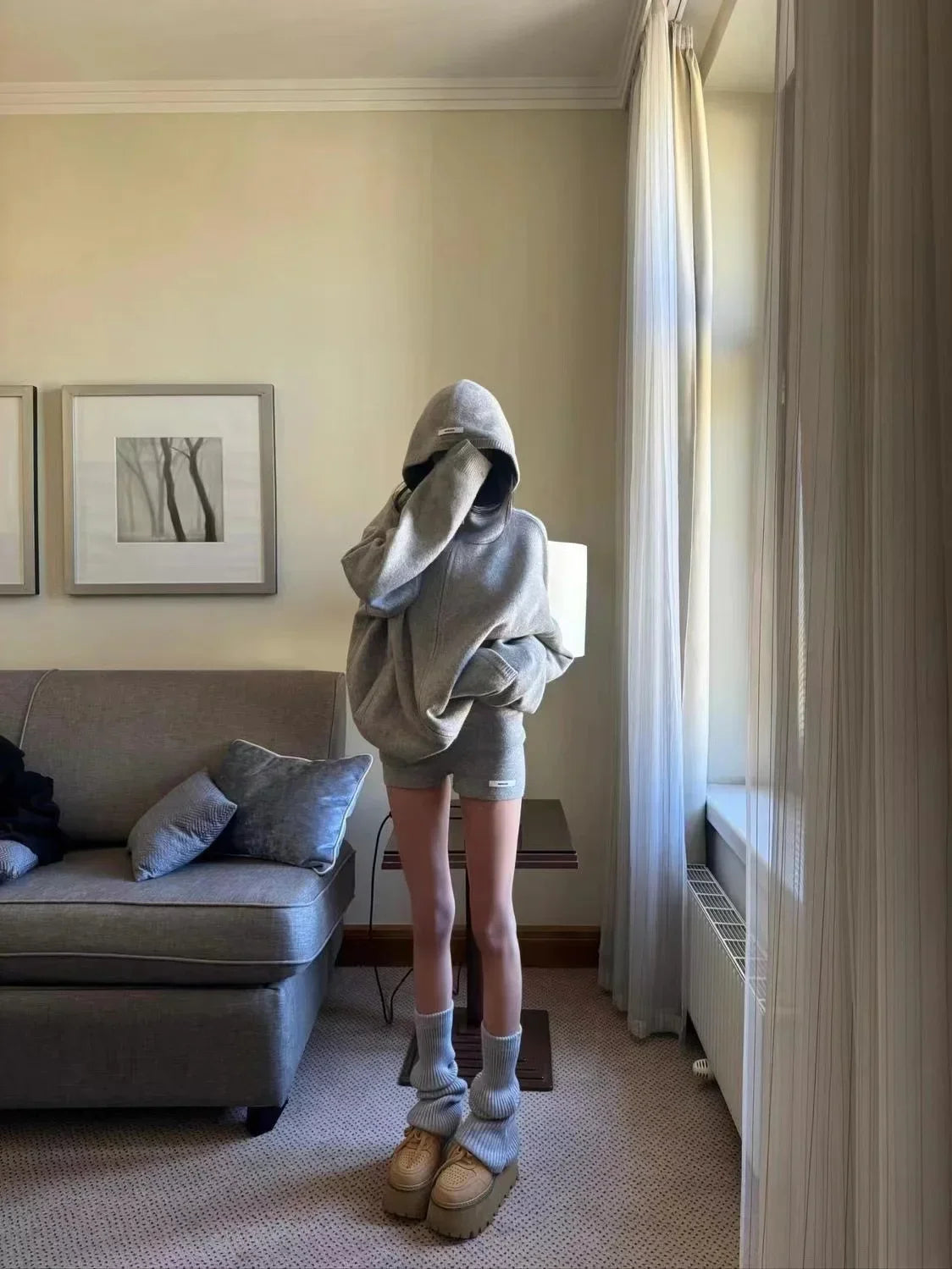 Gray Sexy Clothing Set Women Simple Sports Oversized Hoodie High Waist Shorts  Women Street Solid Color Sweatshirt Women