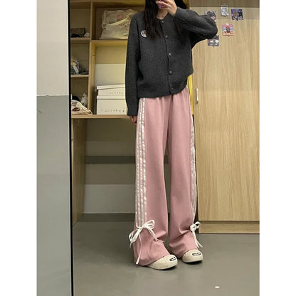 Women's Pink Bow Apricot Sweatpants Y2k Retro 2000s High Waist Baggy Jogger Trousers Harajuku Streetwear Wide Pants Clothes 2024