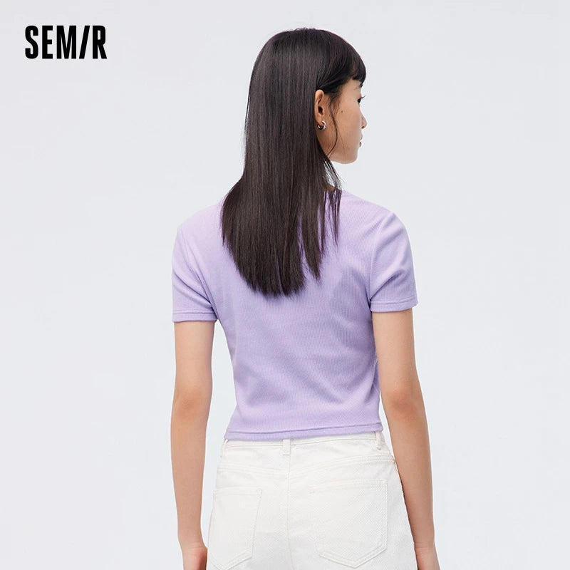Semir 2024 T-Shirt Women Short-Sleeved Square Collar Embroidered Casual Summer Tight Knitted Sweater Sexy New Style Tee