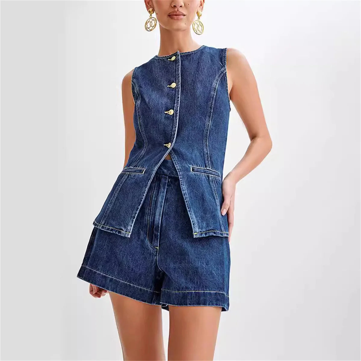 Summer Women's Denim Shorts Suit Sleeveless O-neck Single Breasted Split Top Vest High Waist Wide Leg Shorts 2024 Lady Sets