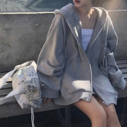 Women Zip Up Sweatshirt Casual Oversized Hooded Korean Style Hoodies Harajuku Solid Loose Long Sleeve Lady Jacket Large Coats