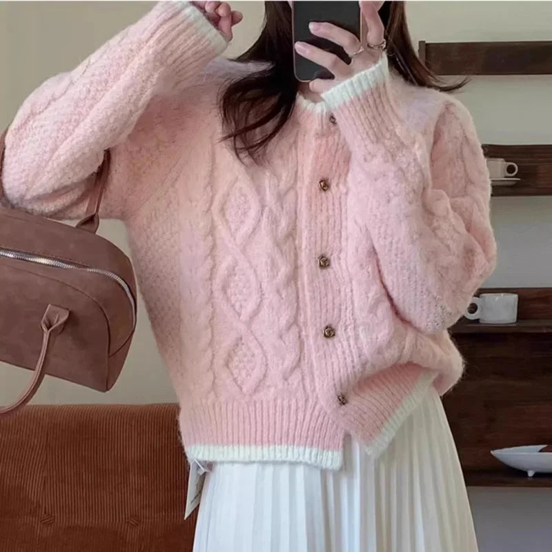 Thicken Winter Clothes Twists Knitting Cardigan Lovely Pink Short Jacket Loose Korean Sweet Women Sweater Coat Y2K College Tops
