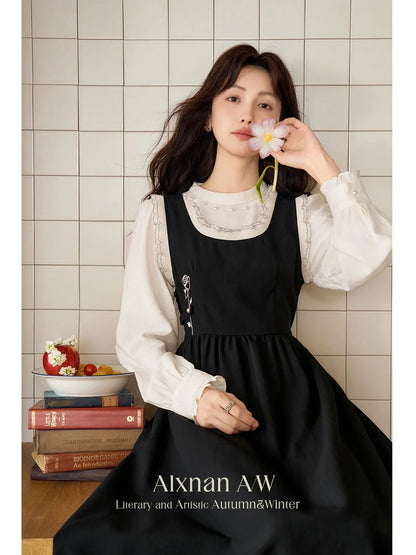 ALXNAN Women French Style Dress Autumn Vintage Embroidery Adjustable Waist Camisole Dress 2024 New Commuter Dress Female L39623