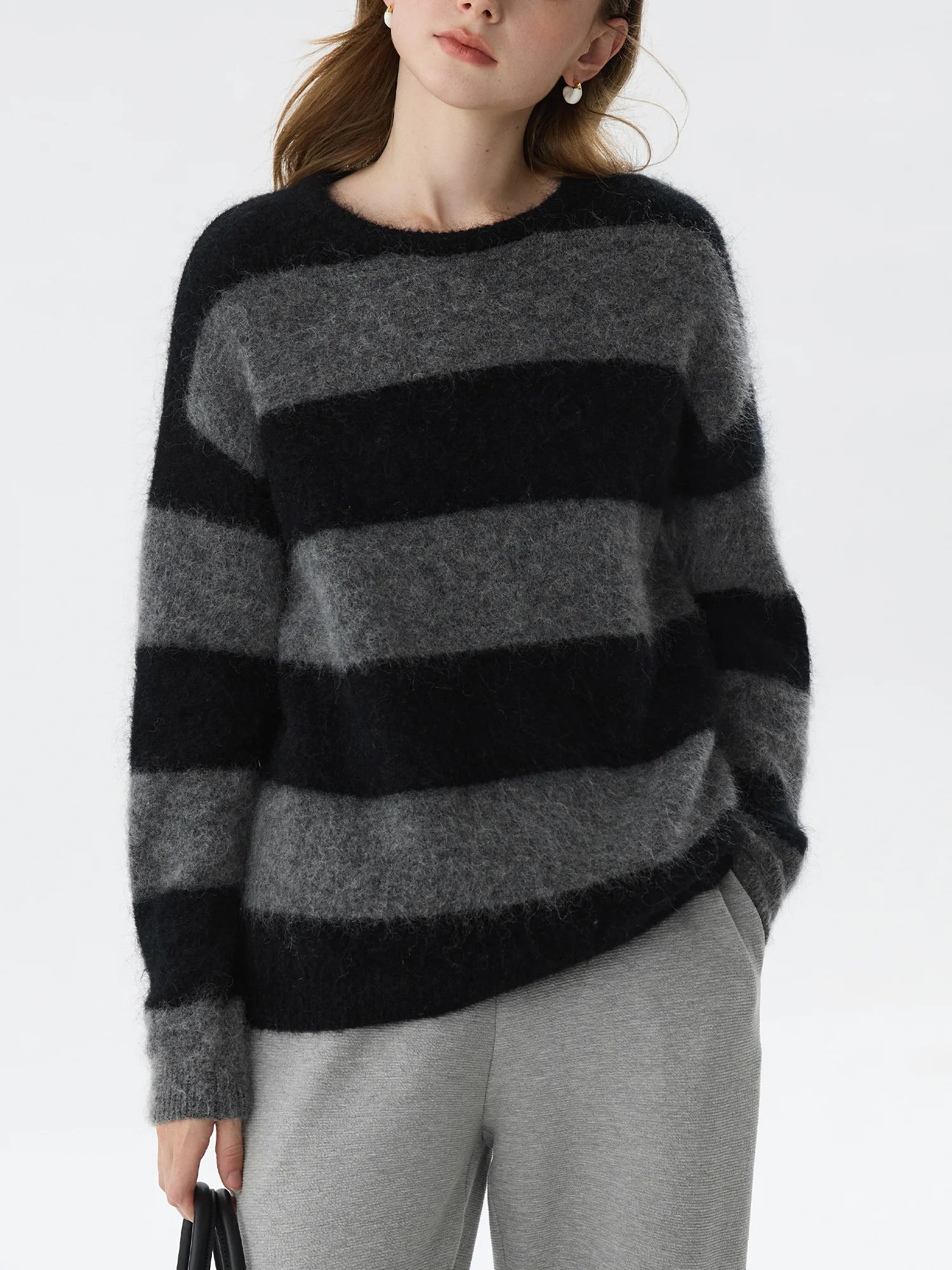 FSLE Office Lady Mohair Retro Striped Knitted Sweater for Women Autumn Winter Black Gray Striped Casual Loose Sweater 24FS14385