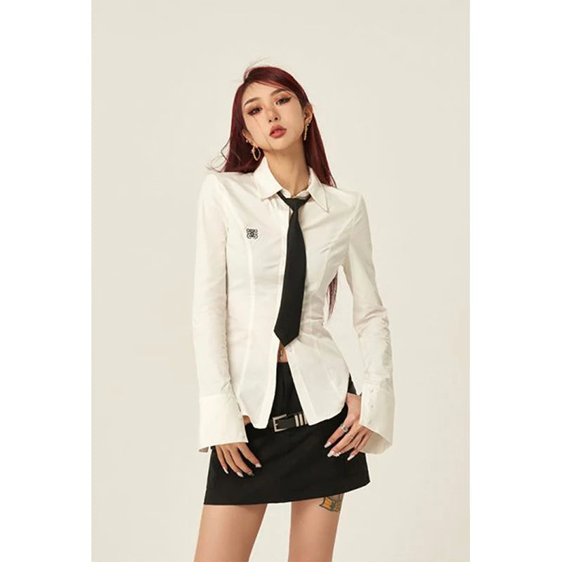Y2K Harajuku Tie Shirts Women Preppy Jk White Long Sleeve Blouses Streetwear 2000S Korean Fashion Slim All Match Chic Tops New