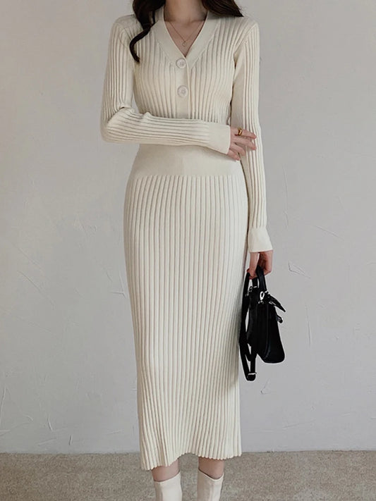 Autumn Winter Sweater Dress For Women 2024 New Arrivals Buttons Up V Neck High Waist Long Knitted Dress Korean Maxi Dresses