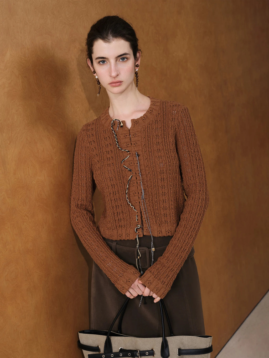 FSLE【Premium Series】New Women Vintage Cable Knit Sweater Hollow-Out Cropped Top Autumn Retro Pullover Cozy Cardigan Loungewear