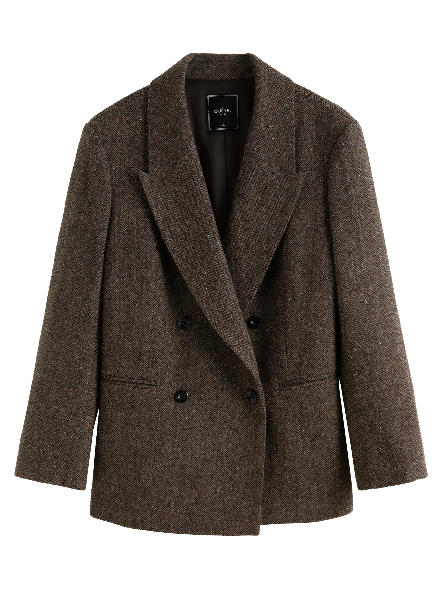 DUSHU Plus Size 98.8% Sheep Wool Color Dot Retro Style Brown Suit For Women 2024 Winter New Design Wool Warm Coat 24DH84019
