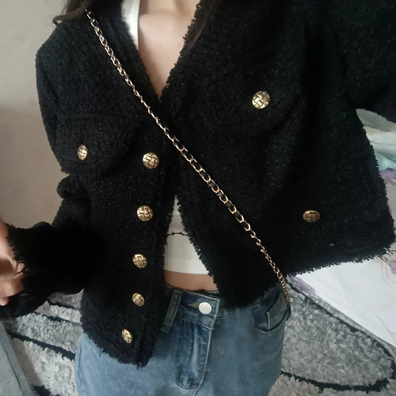 Rimocy 2024 Tweed Cropped Jackets for Women Elegant Short Single-Breasted Coats Woman Korean Chic Black V Neck Jacket Female