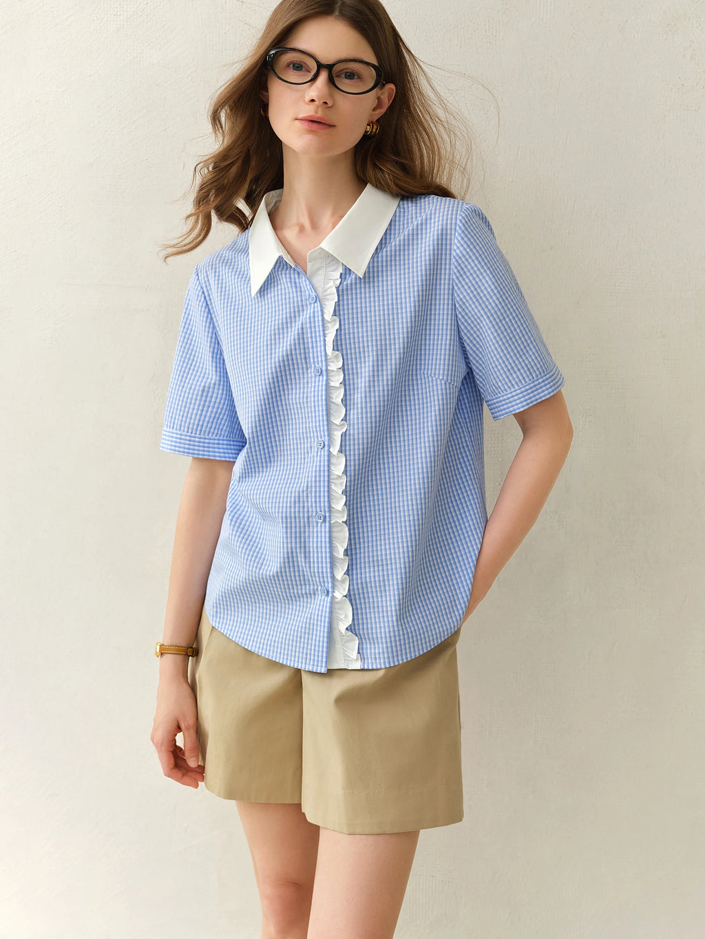DUSHU Plus Size Retro Style Blue Plaid Short-sleeved Shirt 2025 Summer New Tops Lyocell Lace Stitching Chic Shirt