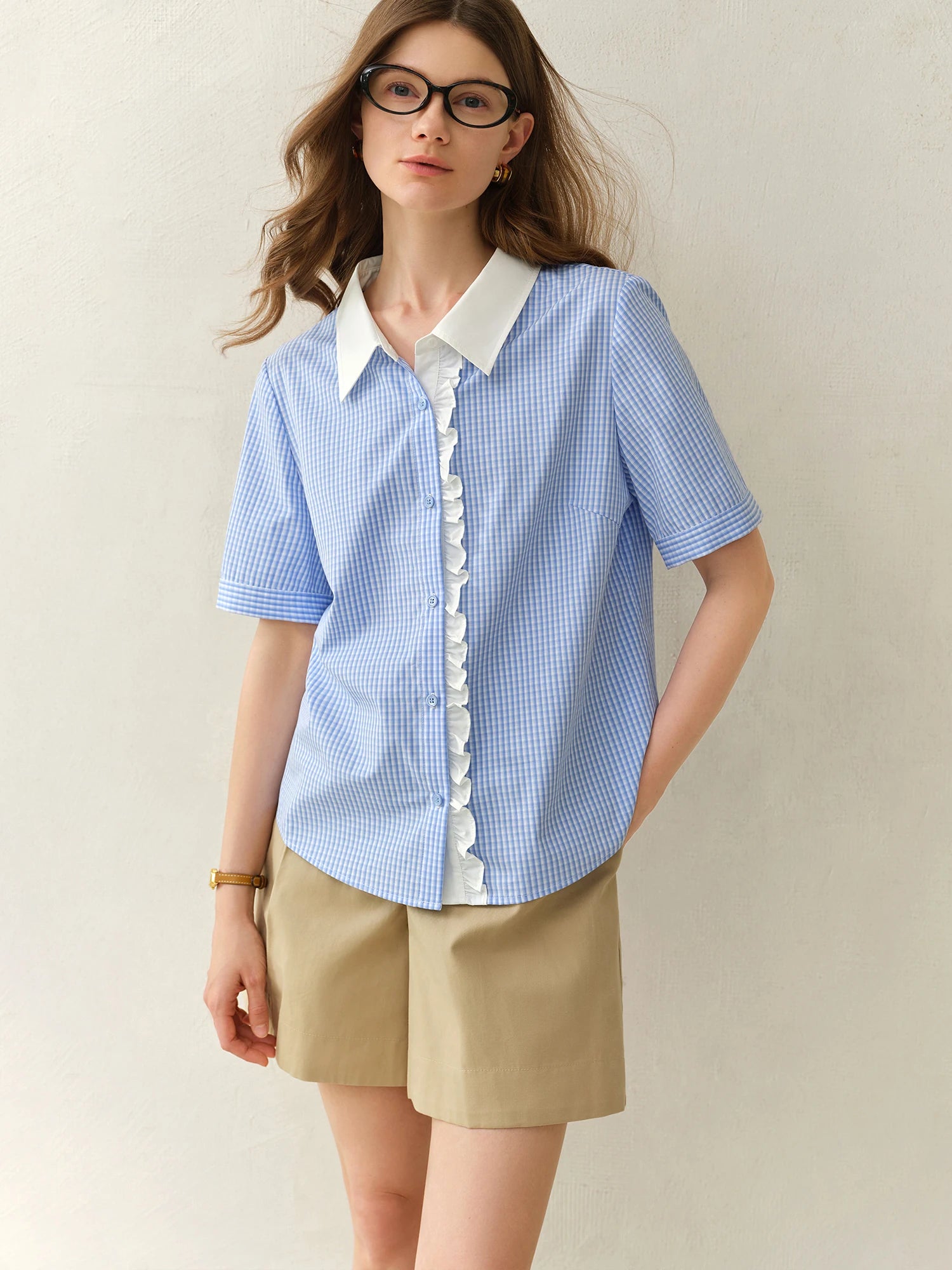 DUSHU Plus Size Retro Style Blue Plaid Short-sleeved Shirt 2025 Summer New Tops Lyocell Lace Stitching Chic Shirt