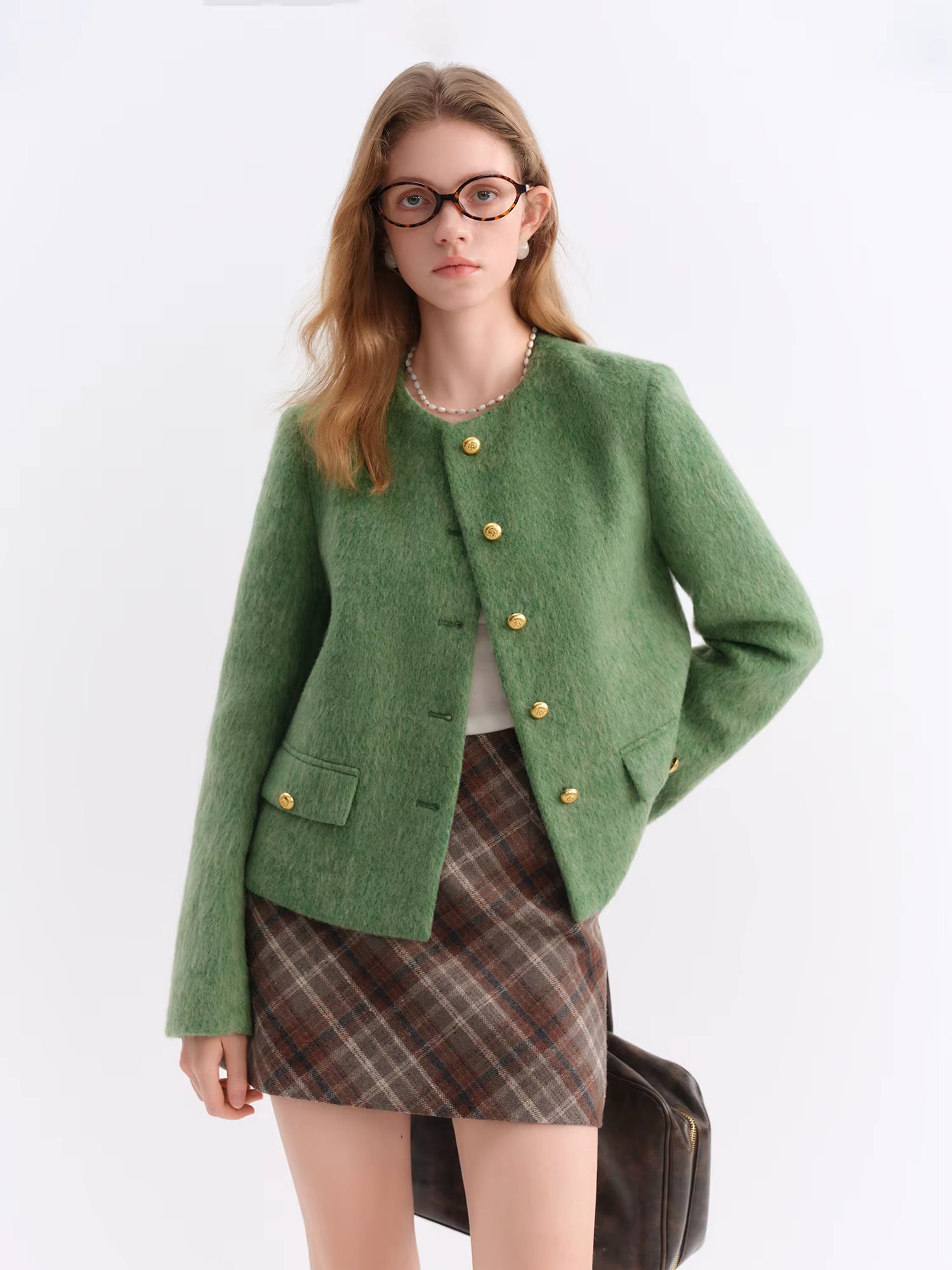 French Style Tweed Round Neck Wool Blend Structured Shoulder Women Coat 2025 New Outerwear Classic Elegant Casual Jacket