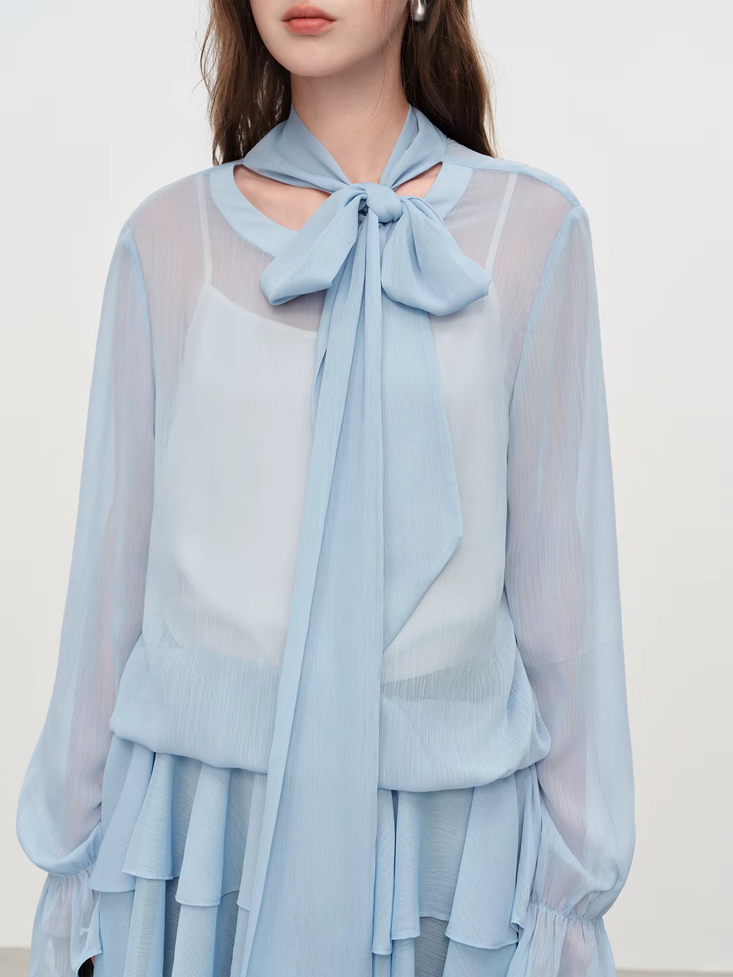 Korean Ballet Style Ruffled T-shirt Women's 2025 Autumn and Winter Chiffon Ribbon Shirt Layered Two-piece Suit