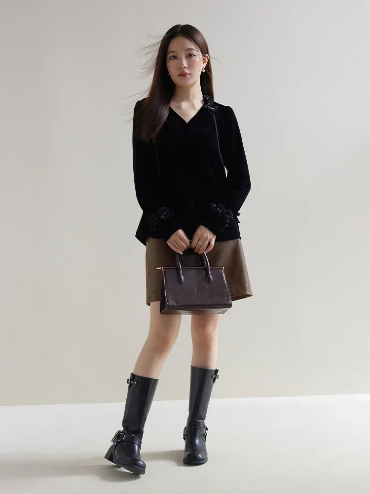 DUSHU Vintage Brushed Leather Half Skirt High Waisted A-line Half Skirt Winter 2023 New Short Skirt For Women Casual Loose