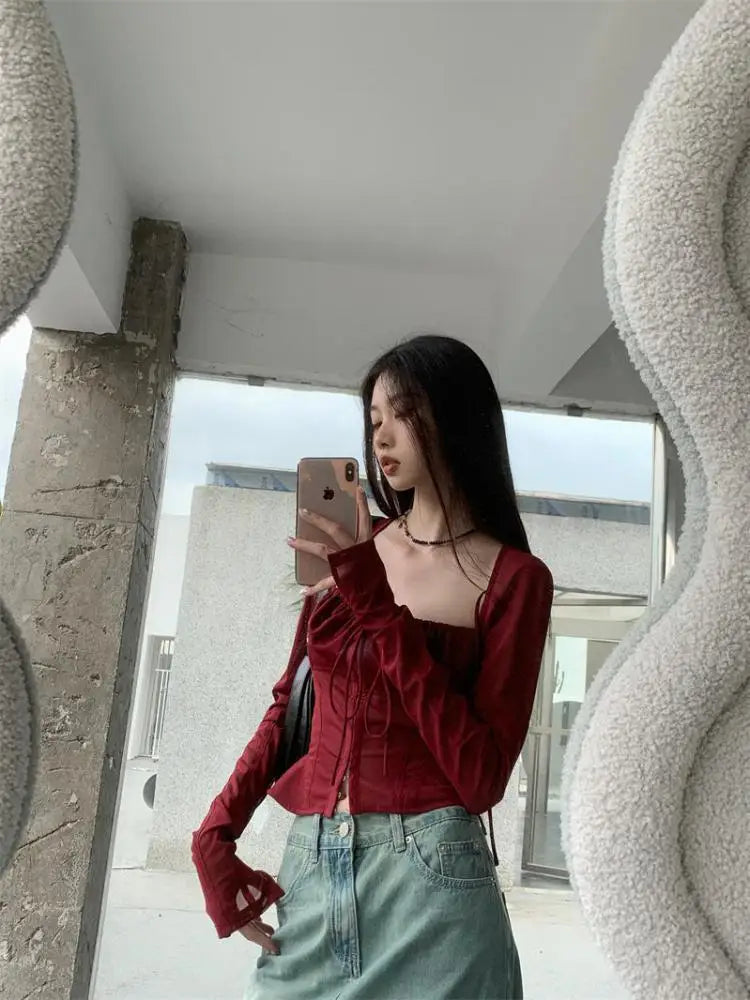 Yedinas Streetwear Burgundy Mesh Tops Long Sleeve Lace Up Square Collar T Shirt Women Crop Top Spring Summer 2023 Y2k  Chic Tops