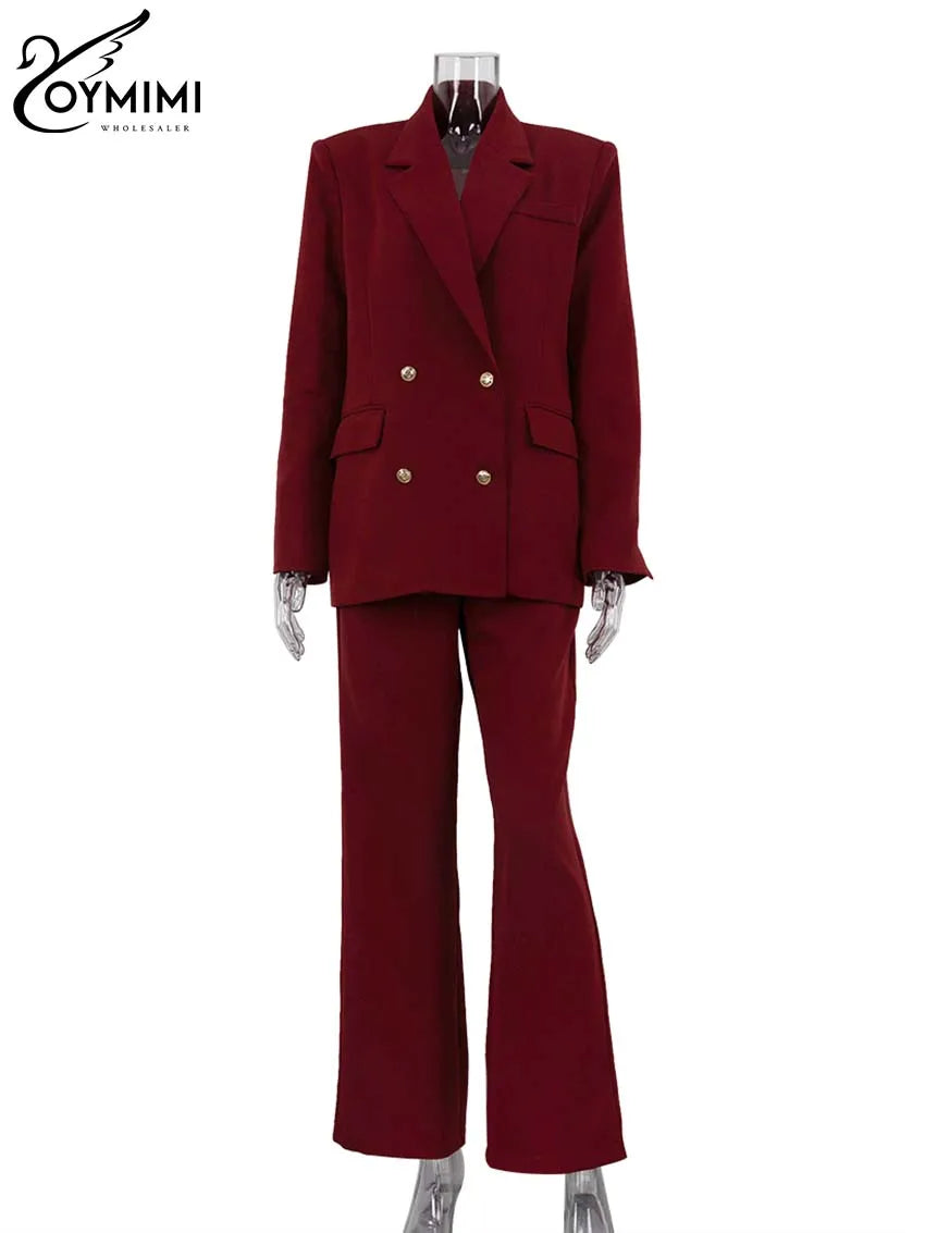 Oymimi Elegant Red Blazers Women Two Piece Set Fashion Long Sleeve Double Breasted Shirt And Simple Full Length Pants Female Set