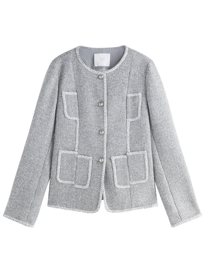 FSLE Women Tweed Jacket Autumn New Temperament Silver Grey Straight Round Neck Coats Office Lady Short Tweed Coat 24FS13270