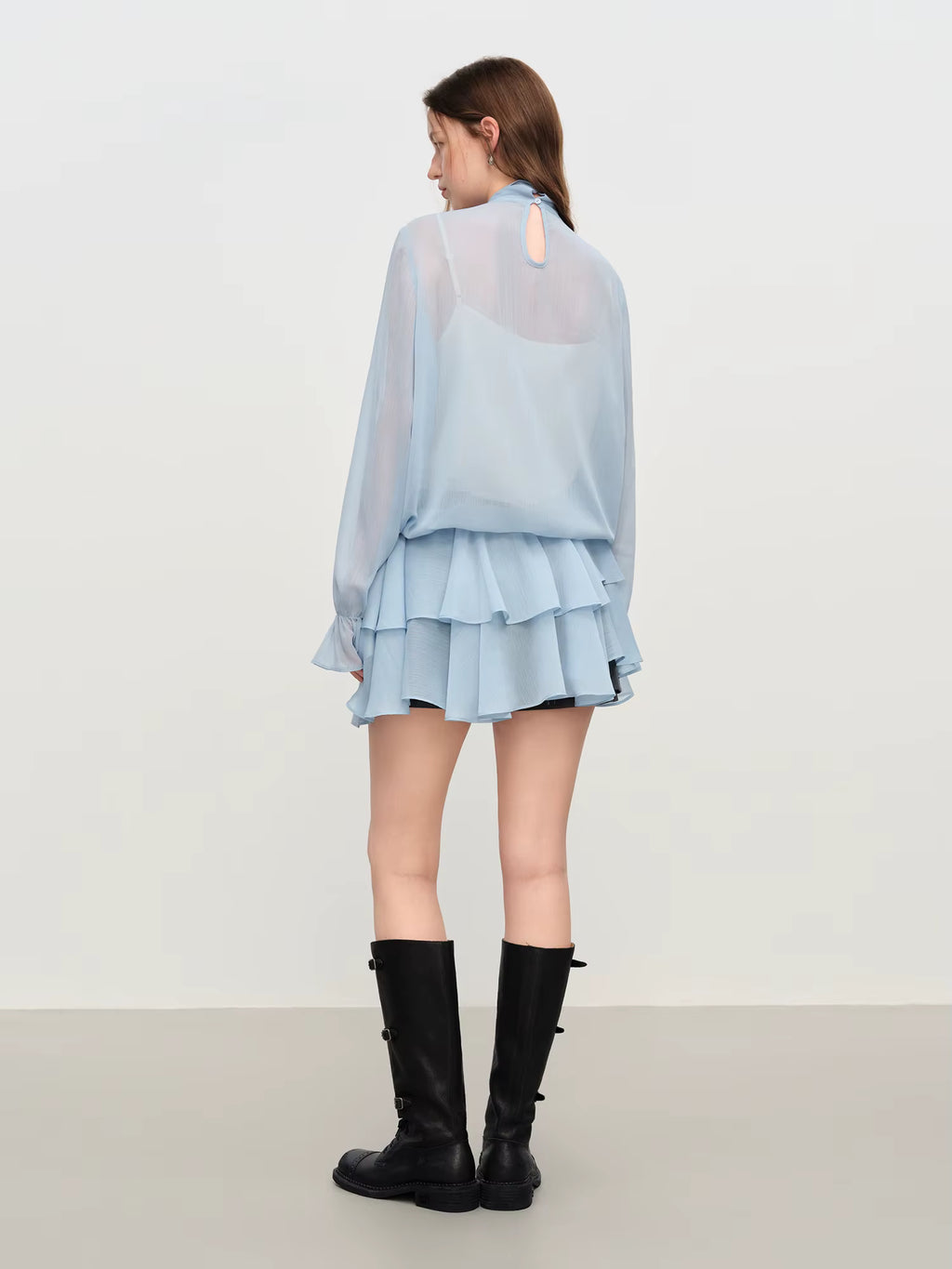 Korean Ballet Style Ruffled T-shirt Women's 2025 Autumn and Winter Chiffon Ribbon Shirt Layered Two-piece Suit