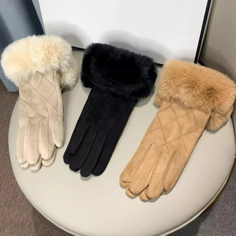 Women Winter Suede Keep Warm Touch Screen Plaid Gloves Fashion Elegant Hairy Wrist Soft Drive Thin Fleece Windproof