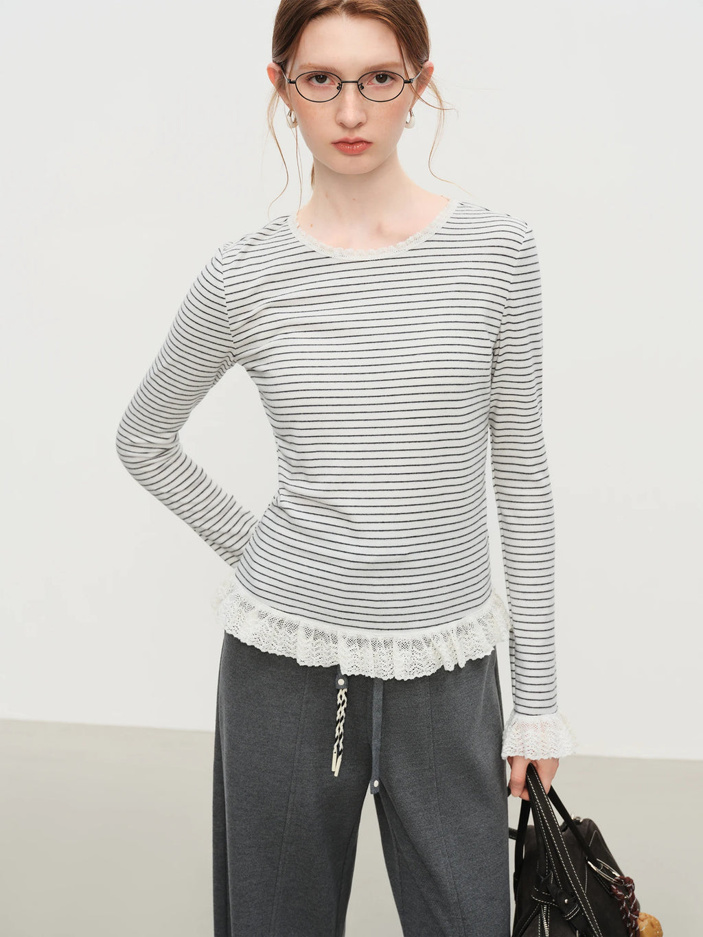 FSLE Autumn Winter 2025 Women's Striped Knit T-Shirt - Long Sleeve Lace Trim Base Layer Top Soft Stretch for Casual Layering