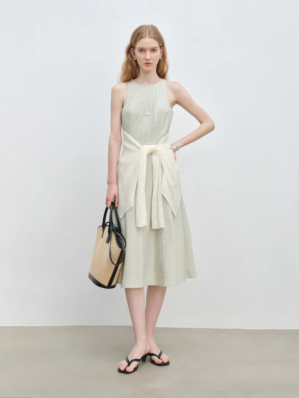 ZIQIAO Workplace Simple Commuting Waist Dress Women 2025 Summer New Green Slim Temperament Vest Skirt