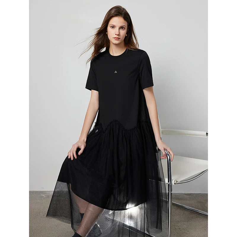 TOYOUTH Women Mesh Splicing T-Shirt Skirt 2024 Summer New Cool And Antibacterial Mid Length Skirt