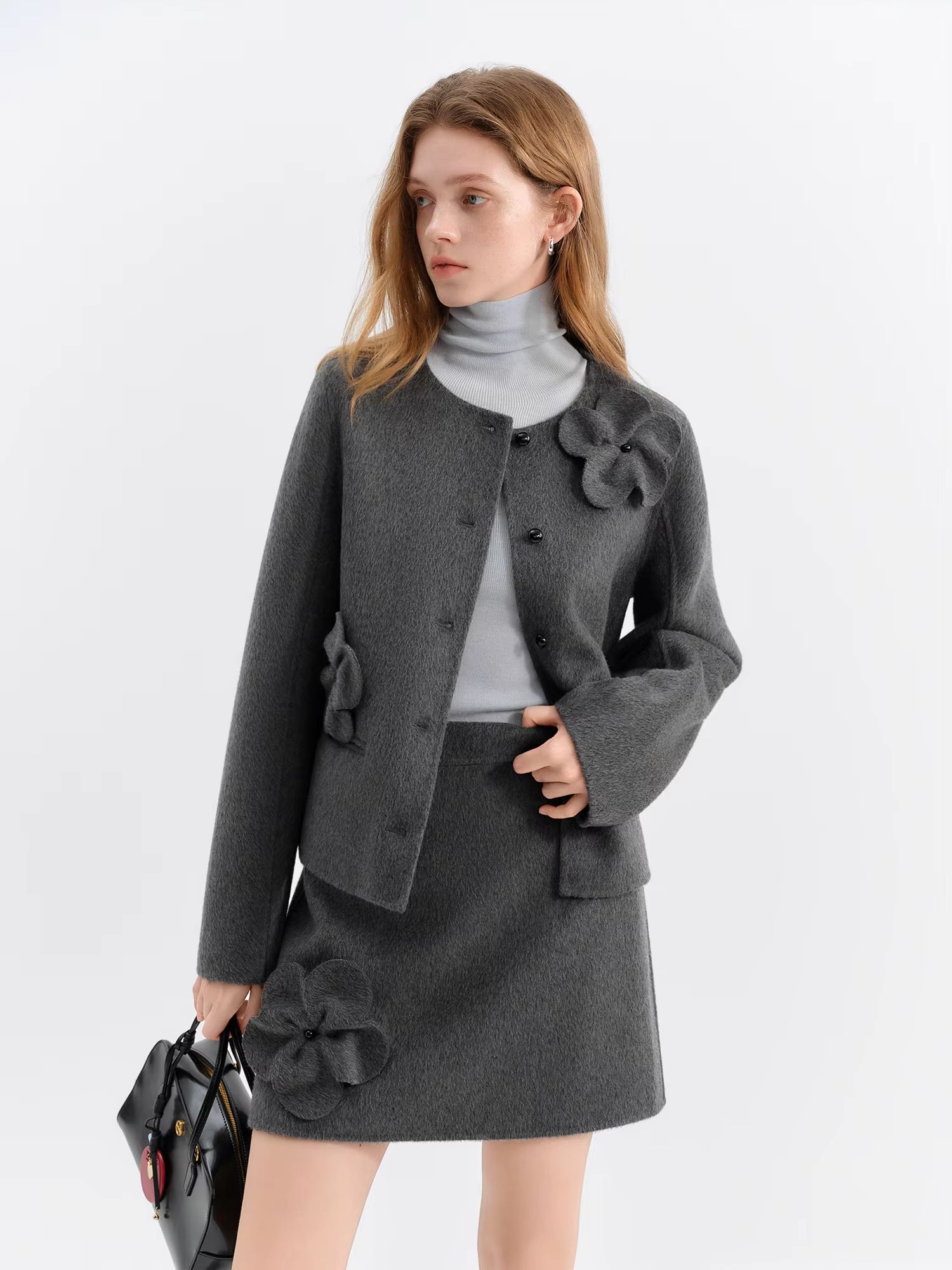 2025 Winter Women Short Wool Blend Coat Set with 3D Floral Pattern - Elegant Two-Piece Outerwear for Casual and Date Nights