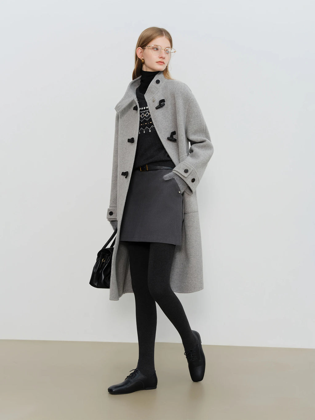 Crafty Studio Wool Coat for Petite Women with Horn Buttons, Standing Collar, and Double-Faced Design 2025 New