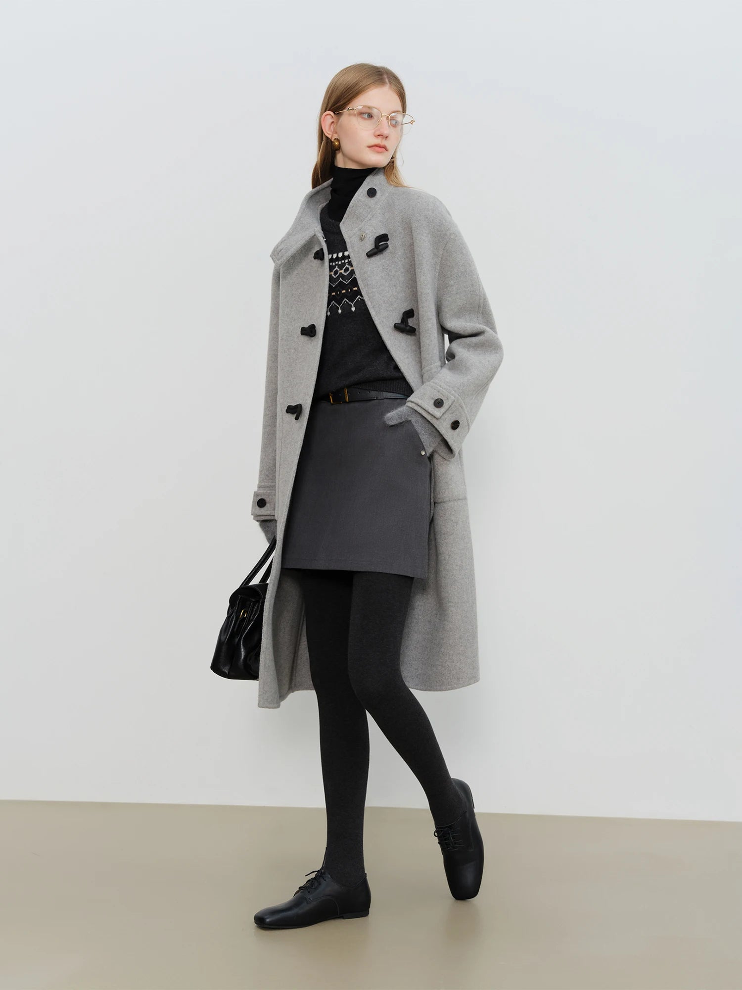 Crafty Studio Wool Coat for Petite Women with Horn Buttons, Standing Collar, and Double-Faced Design 2025 New