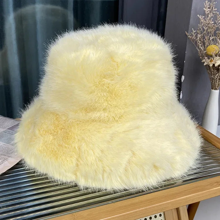 2024 Fluffy Faux Fur Bucket Hats Women Rabbit Fur Warm Thick Plush Winter Hat Lady Fashion Luxury Panama Furry Fisherman Cap Y2k