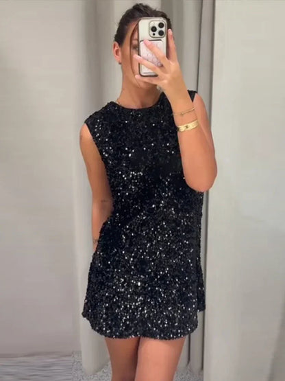 Fashion Back Bow Sequin Mini Dress For Women Shining Chic Sleeveless O-neck Evening Party Dresses New In Lady Christmas Vestidos